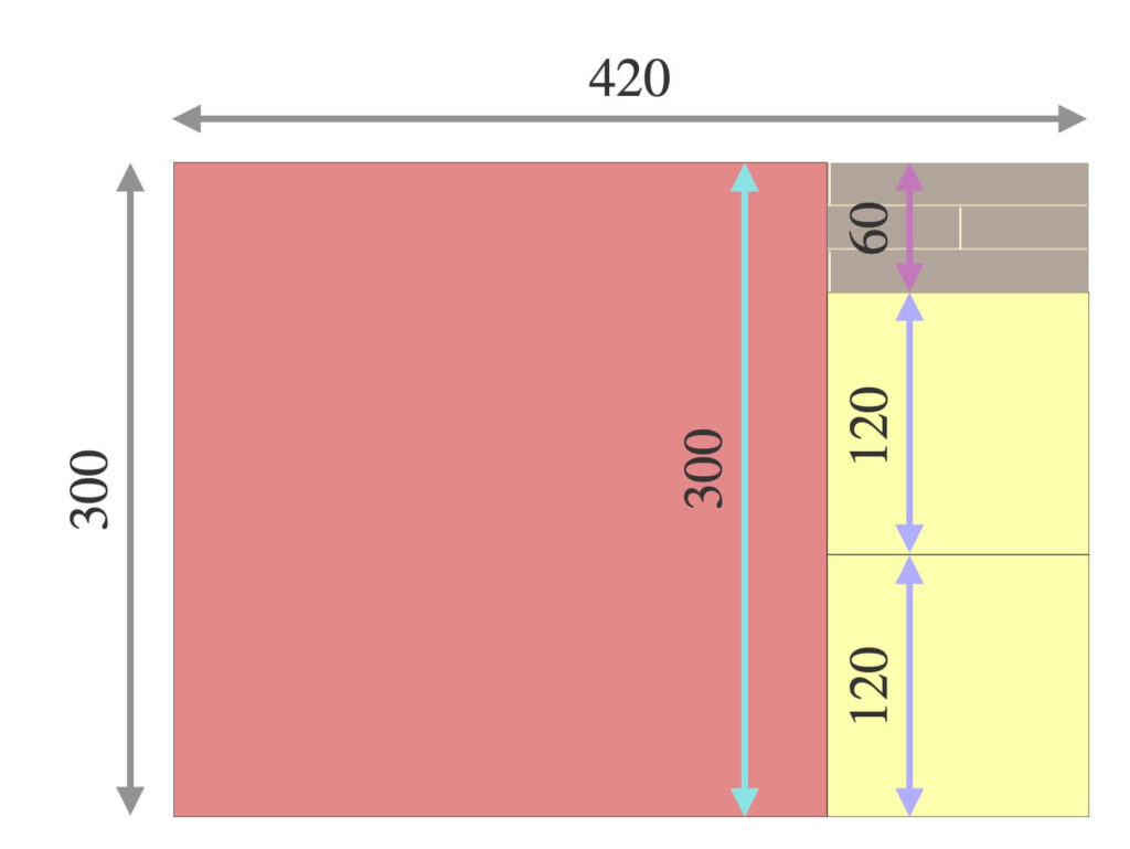 300H×120Wの長方形に一辺120のタイルを2つ敷き詰めると、縦に60余る図